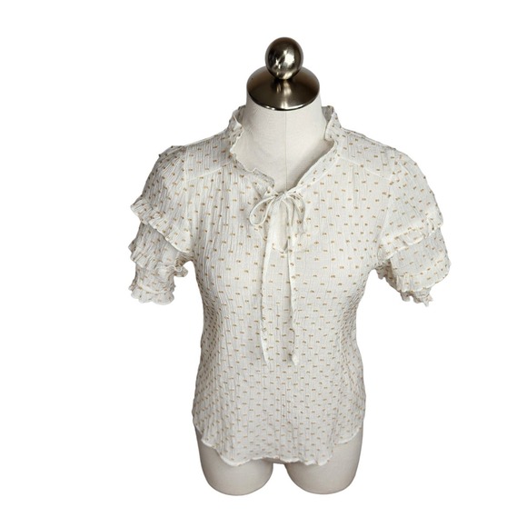 Flower & Feather Swiss Dot Ruffle Top Womens Medium White Tan‎ - Picture 2 of 11